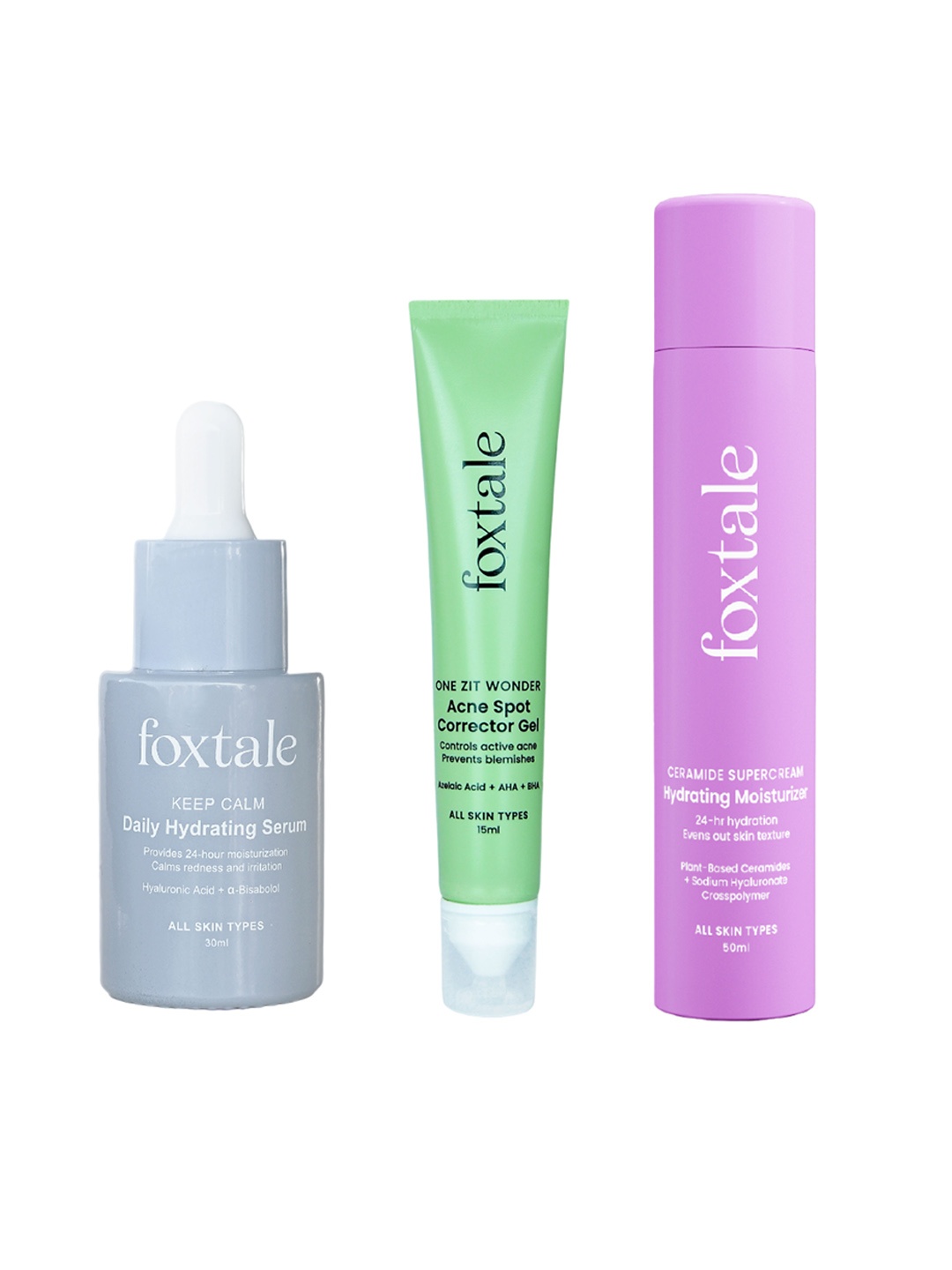 

FoxTaleRedness Reduction Trio Acne Gel 15ml + Hydration Serum 30ml + Moisturizer 50ml, Grey