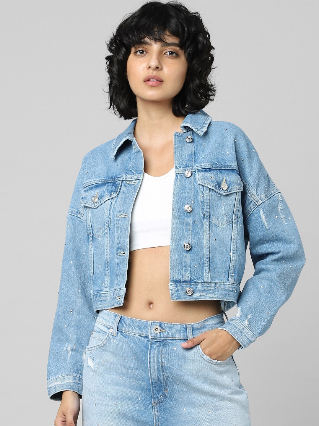

ONLY Women Blue Washed Onlstone Ls Rhine Pure Cotton Crop Jacket