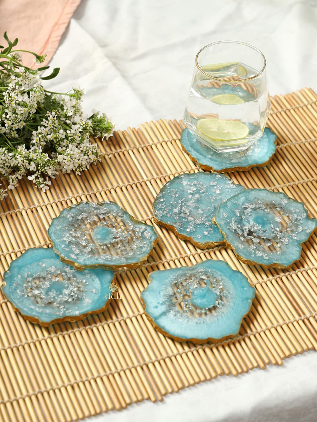 

DULI Blue Embellished Serving Platter Tray With 6 Coasters