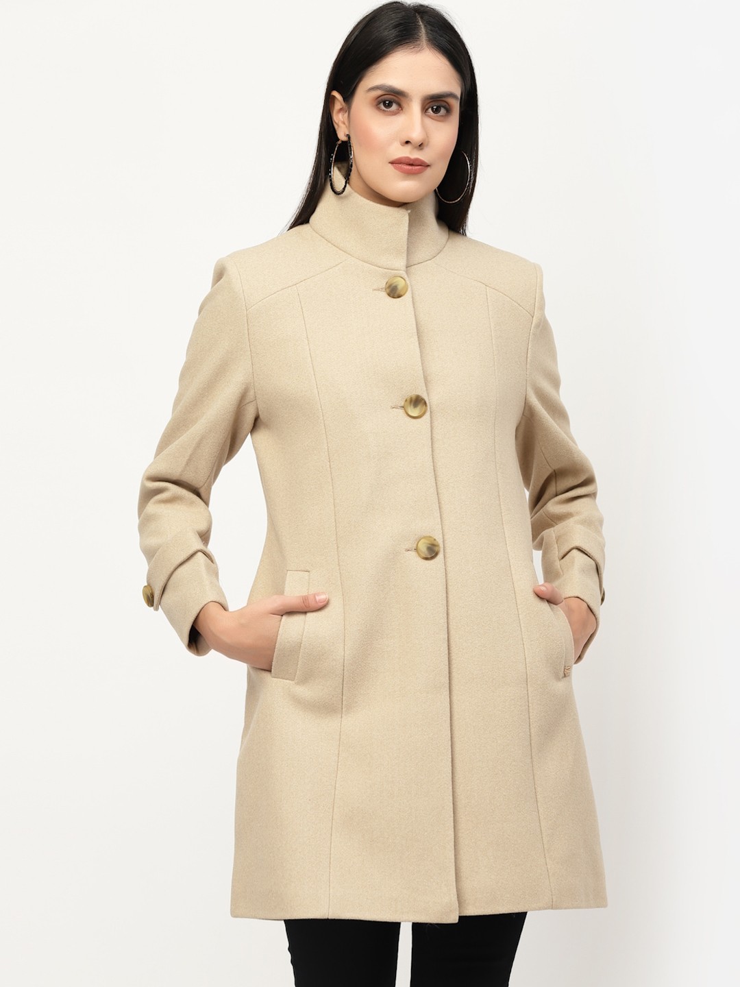 

Juelle Women Beige Solid Slim-Fit Single-Breasted Overcoat