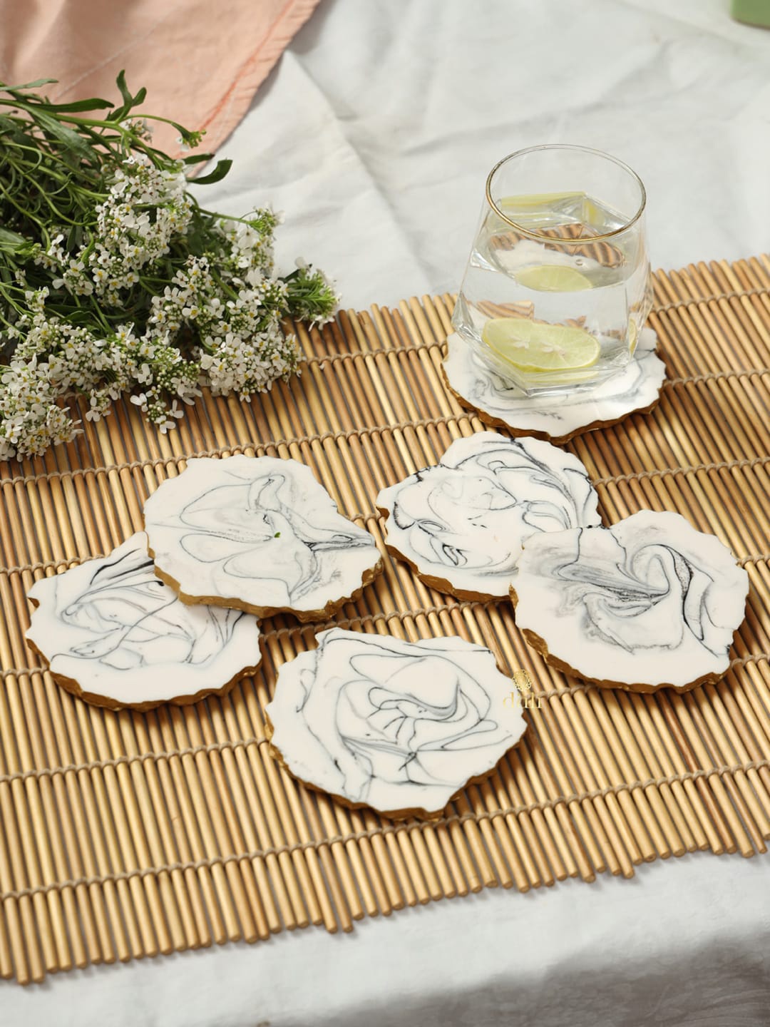 

DULI Set Of 6 White Marble Printed Resin Coaster