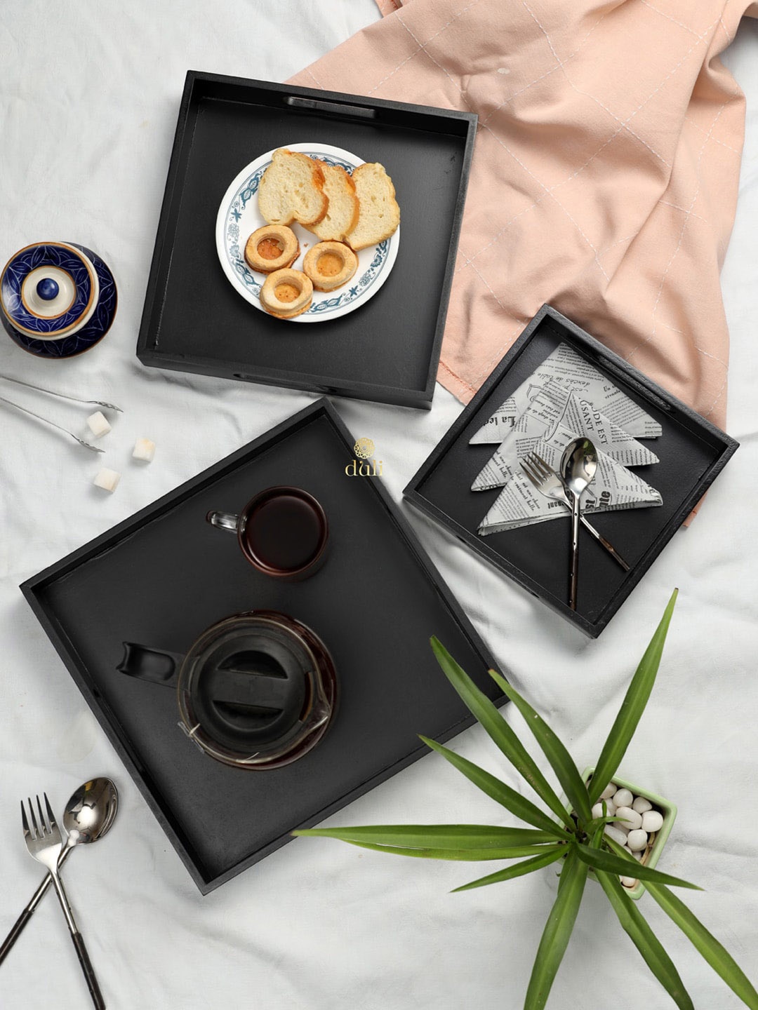 

DULI Set Of 3 Black Solid Wooden Serving Trays
