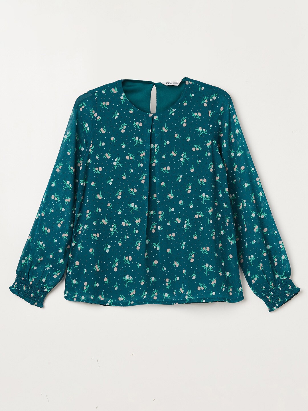 

Fame Forever by Lifestyle Teal & Beige Floral Print Shirt Style Top