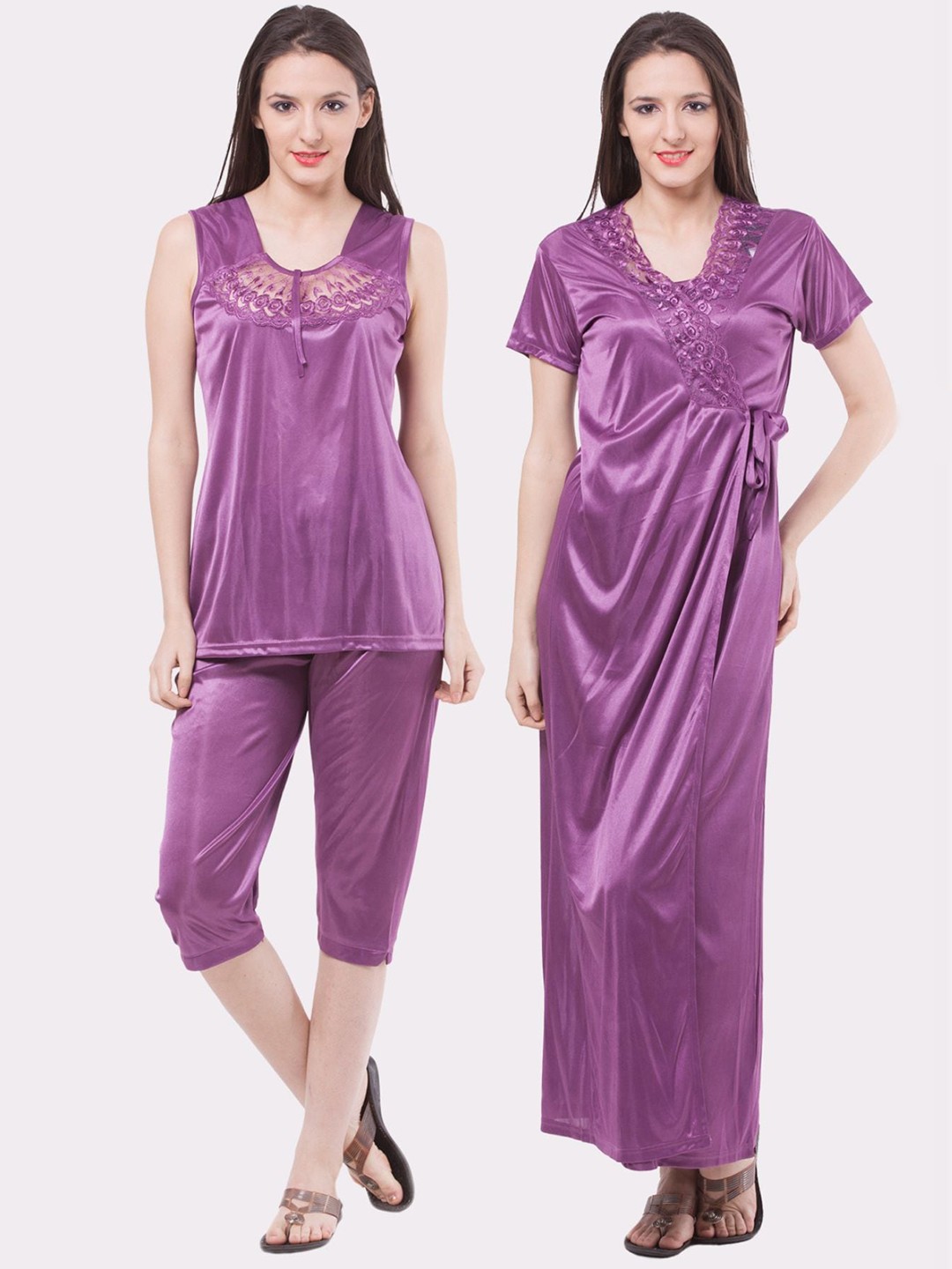 

Fasense Women Purple Night suit Top and Capri Set With Robe