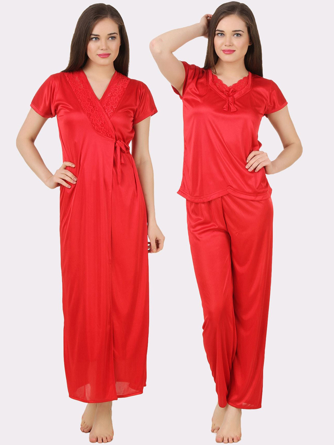 

Fasense Women Red Top and Pyjama Set With Robe