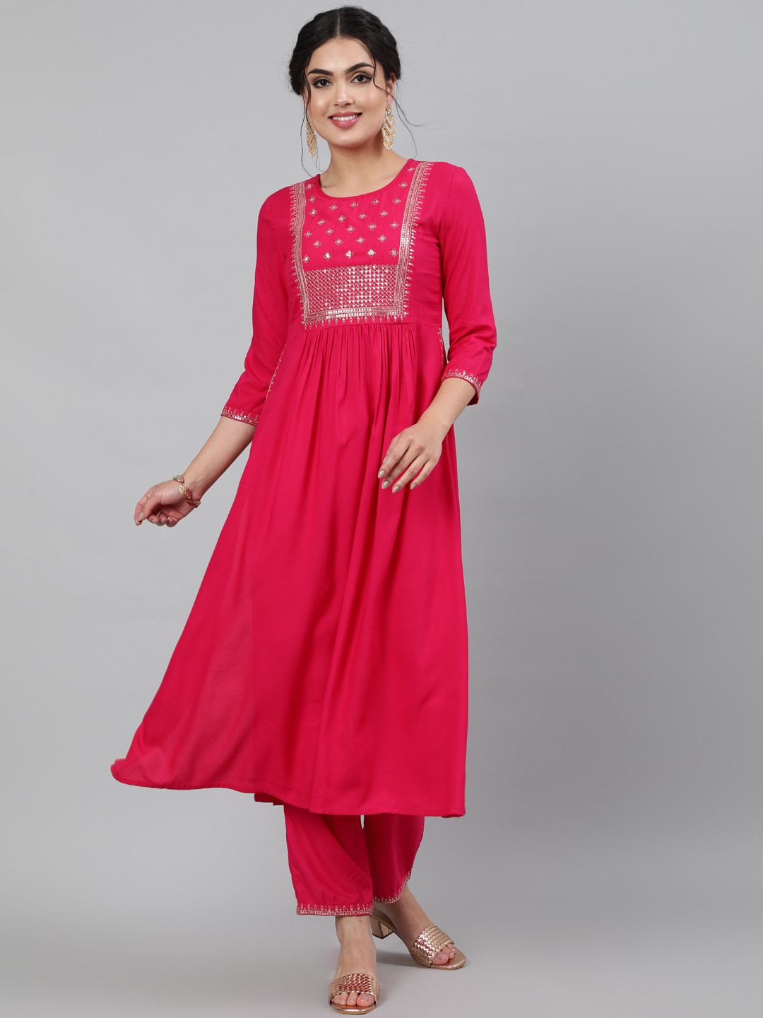 

INDIE CLOSET Women Pink Embroidered Pleated Kurta with Trousers
