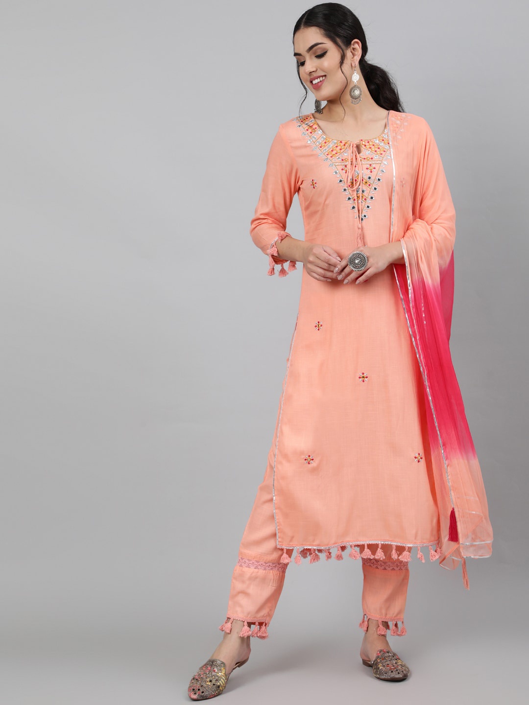 

INDIE CLOSET Women Peach-Coloured Embroidered Kurta with Trousers & Dupatta