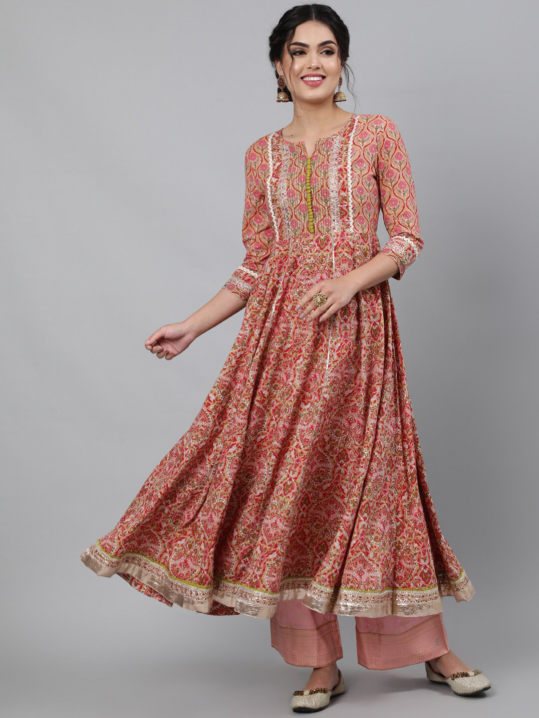 

INDIE CLOSET Ethnic Motifs Printed Anarkali Pure Cotton Kurta & Dupatta, Coral