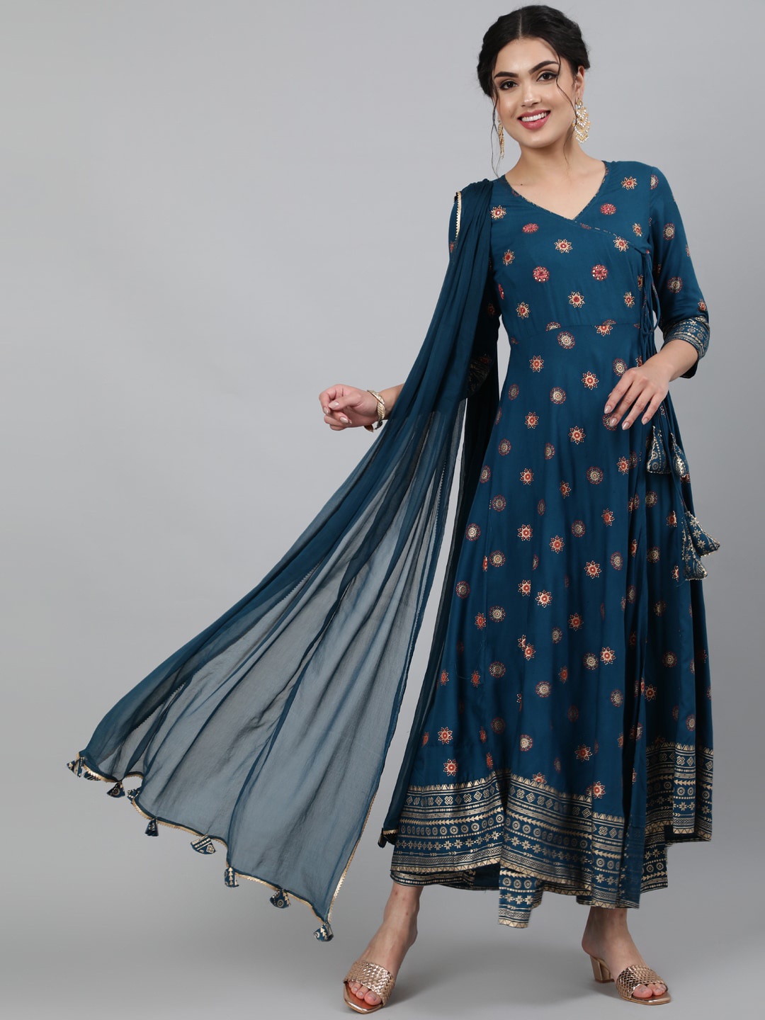 

INDIE CLOSET Women Navy Blue Floral Printed Angrakha Kurta with Trousers & Dupatta