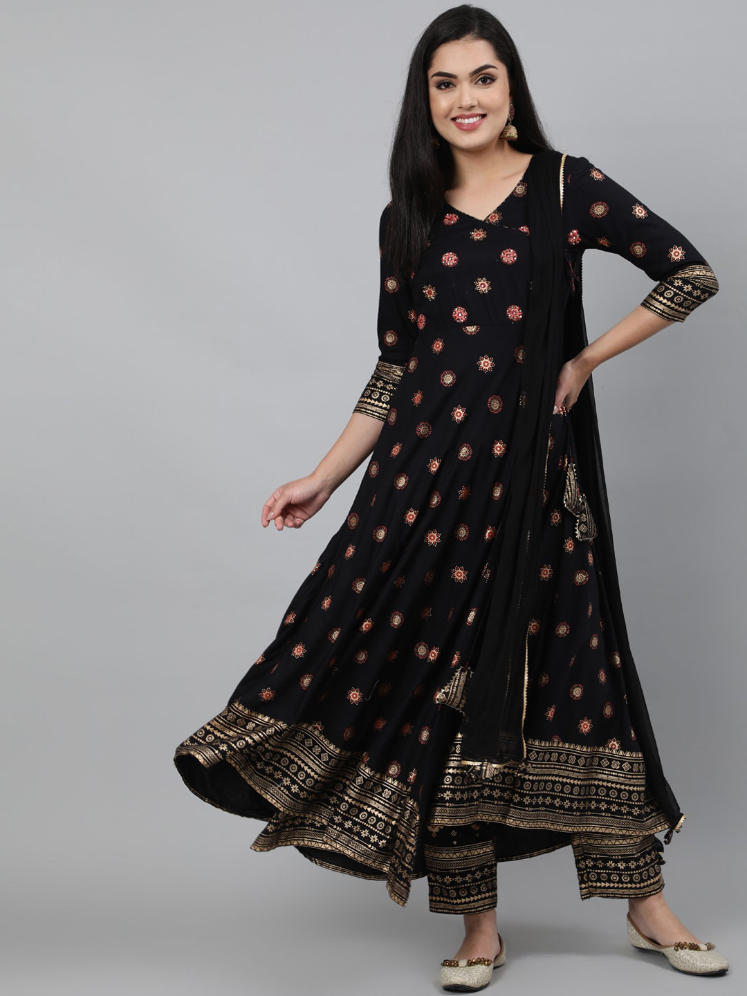 

INDIE CLOSET Women Black Floral Printed Angrakha Mirror Work Kurta with Trousers & With Dupatta