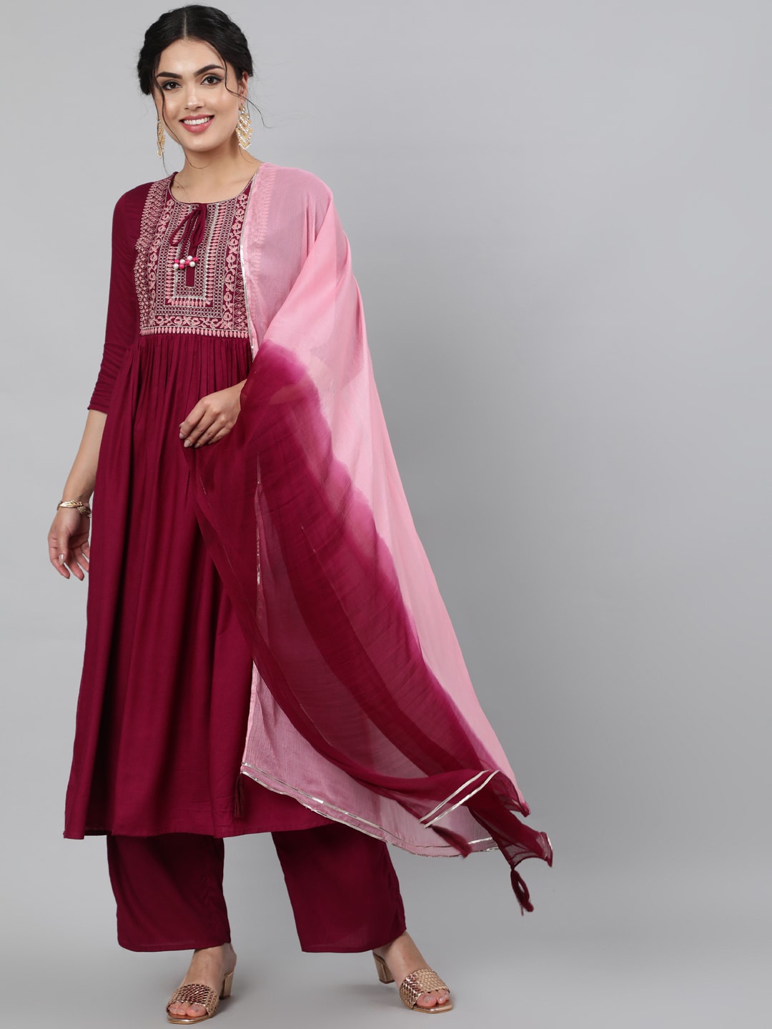 

INDIE CLOSET Women Maroon Floral Embroidered Kurta with Palazzos & With Dupatta