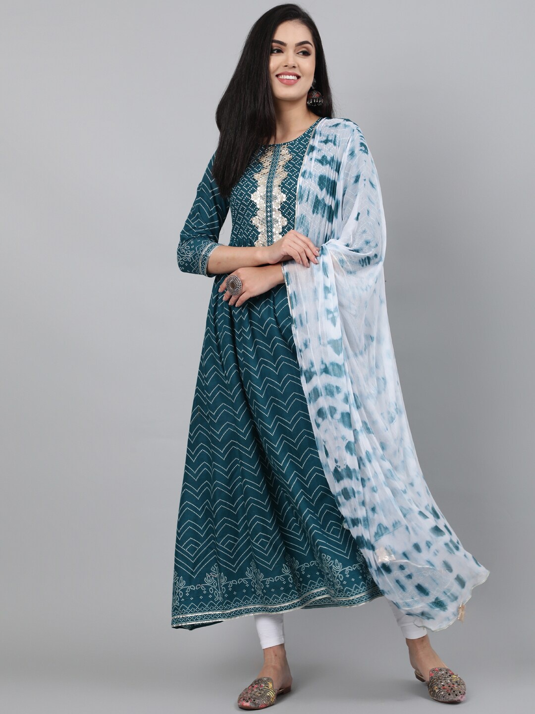 

INDIE CLOSET Printed Anarkali Pure Cotton Kurta & Dupatta, Teal