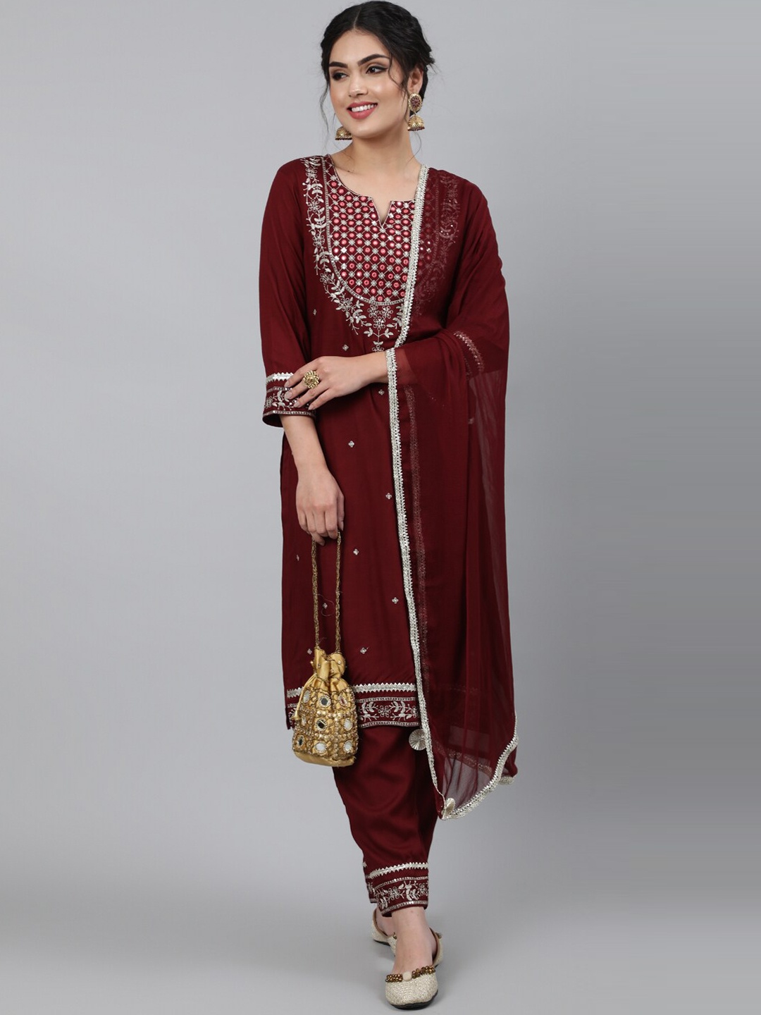 

INDIE CLOSET Women Maroon Ethnic Motifs Embroidered Kurta with Trouser & Dupatta