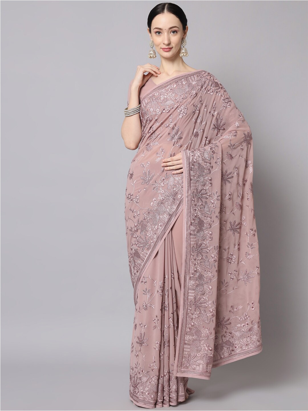 

Sitaram Designer Peach-Coloured & Purple Floral Embroidered Georgette Saree