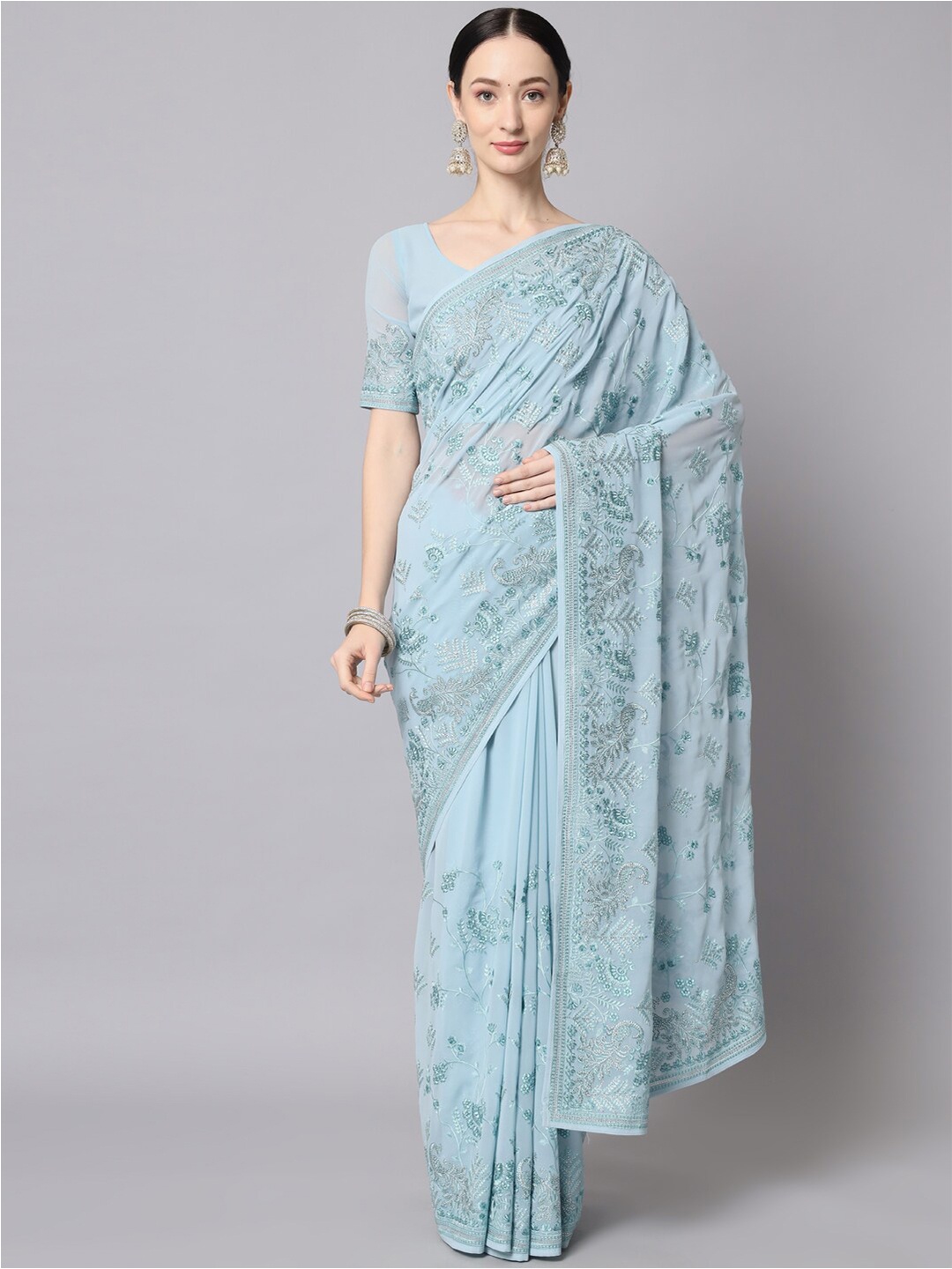

Sitaram Designer Blue Floral Embroidered Georgette Saree