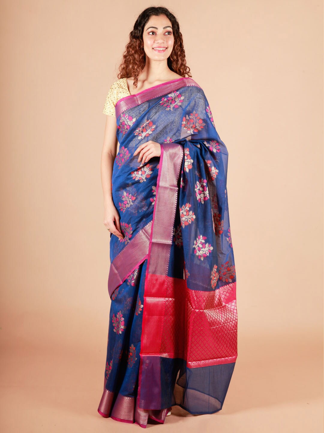 

ReshaWeaves Blue & Pink Woven Design Zari Pure Cotton Banarasi Saree