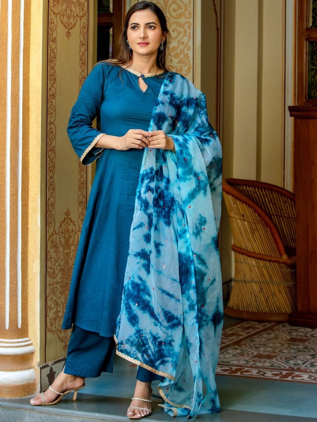 

HOUSE OF JAMOTI Women Blue Cotton Kurta with Trousers & With Dupatta