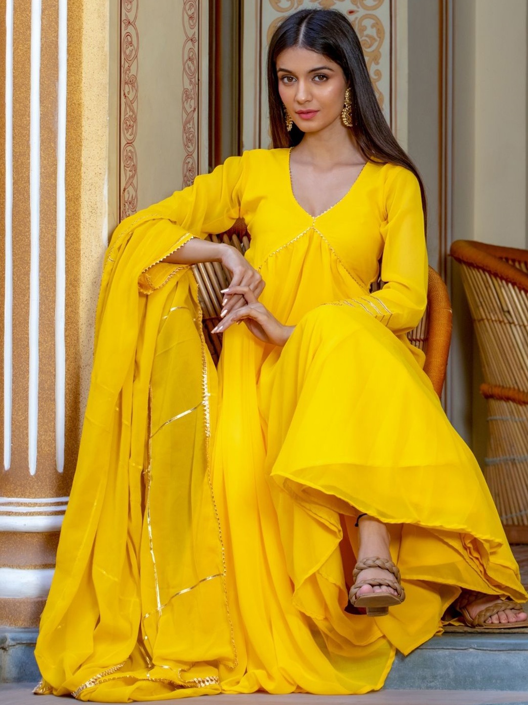 

HOUSE OF JAMOTI Women Yellow Gotta Patti Kurta with Palazzos & With Dupatta