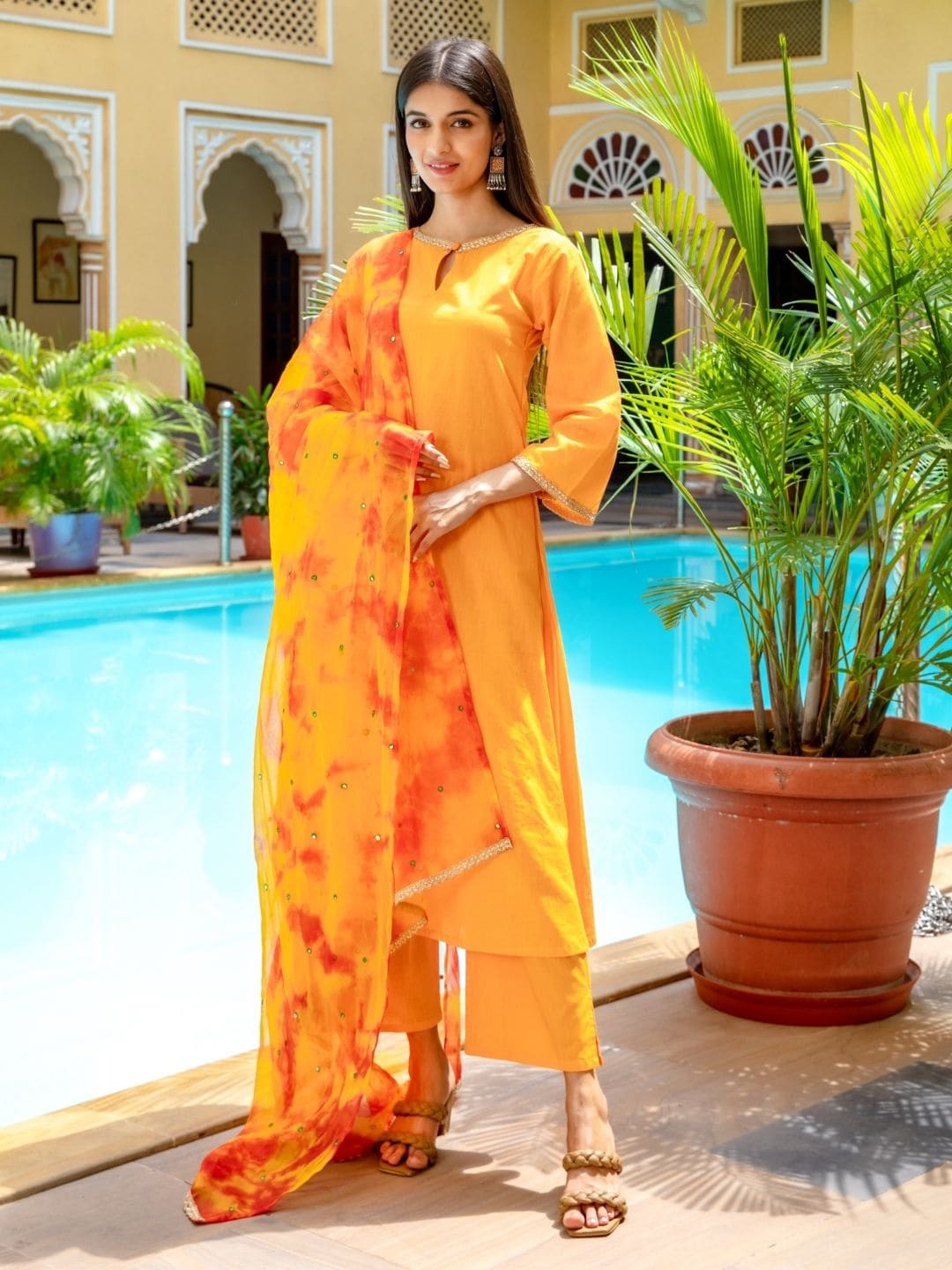 

HOUSE OF JAMOTI Women Yellow Pure Cotton Kurta with Palazzos & With Dupatta