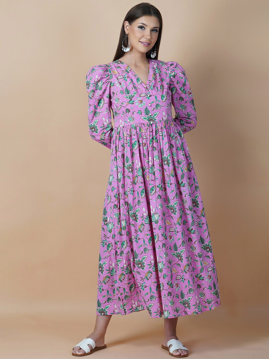 

GULAB CHAND TRENDS Lavender Floral Printed Fit & Flare Cotton Dress