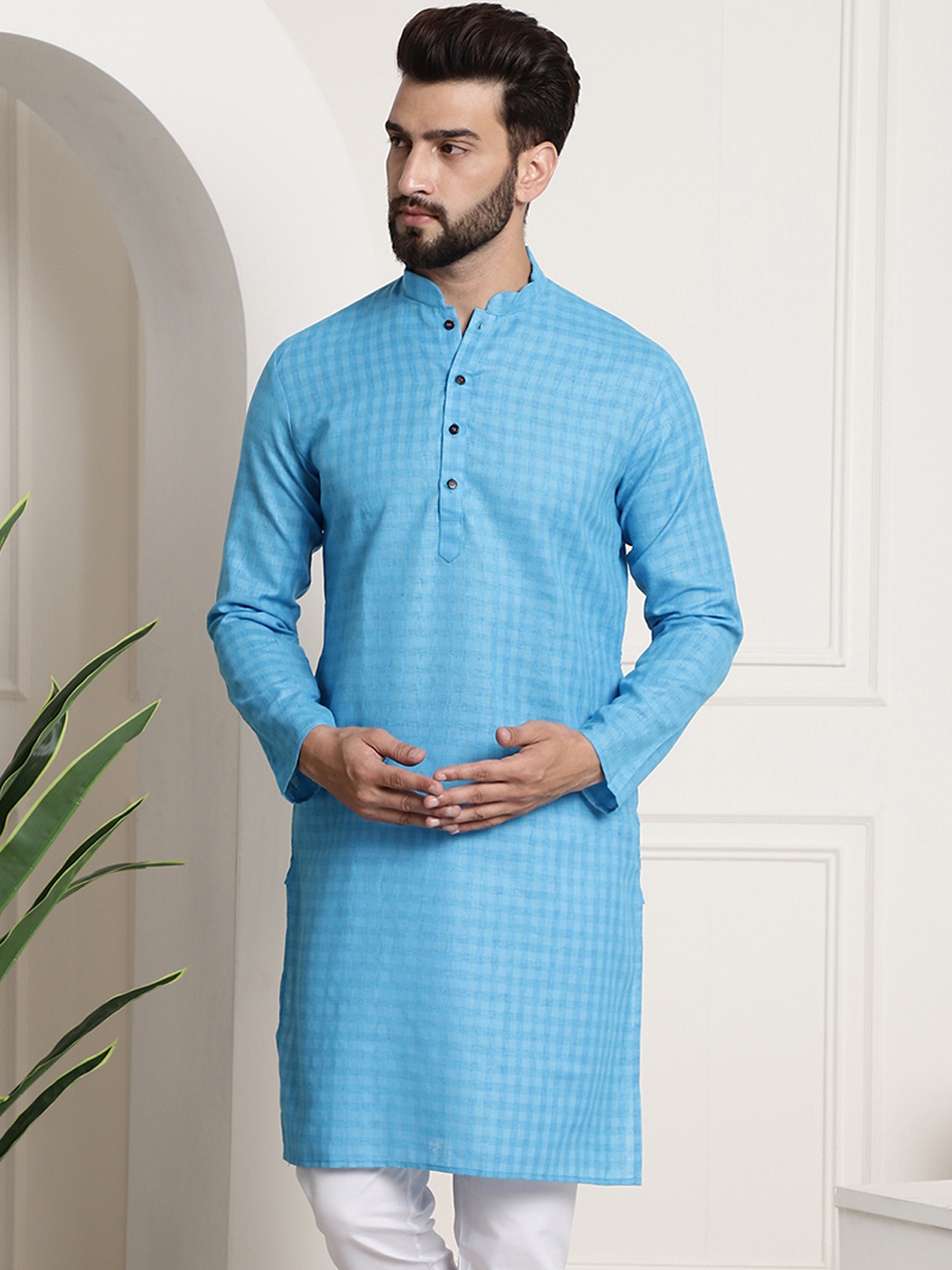 

SOJANYA Men Cotton Linen Self-Checked Kurta, Blue