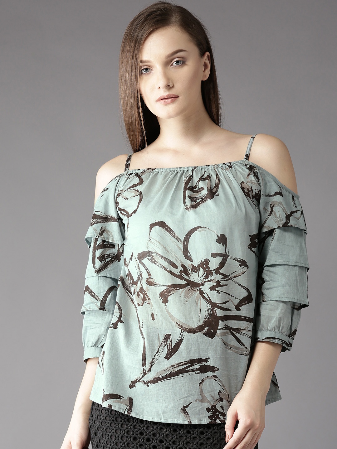 

HERE&NOW Women Blue Floral Print Bardot Pure Cotton Top