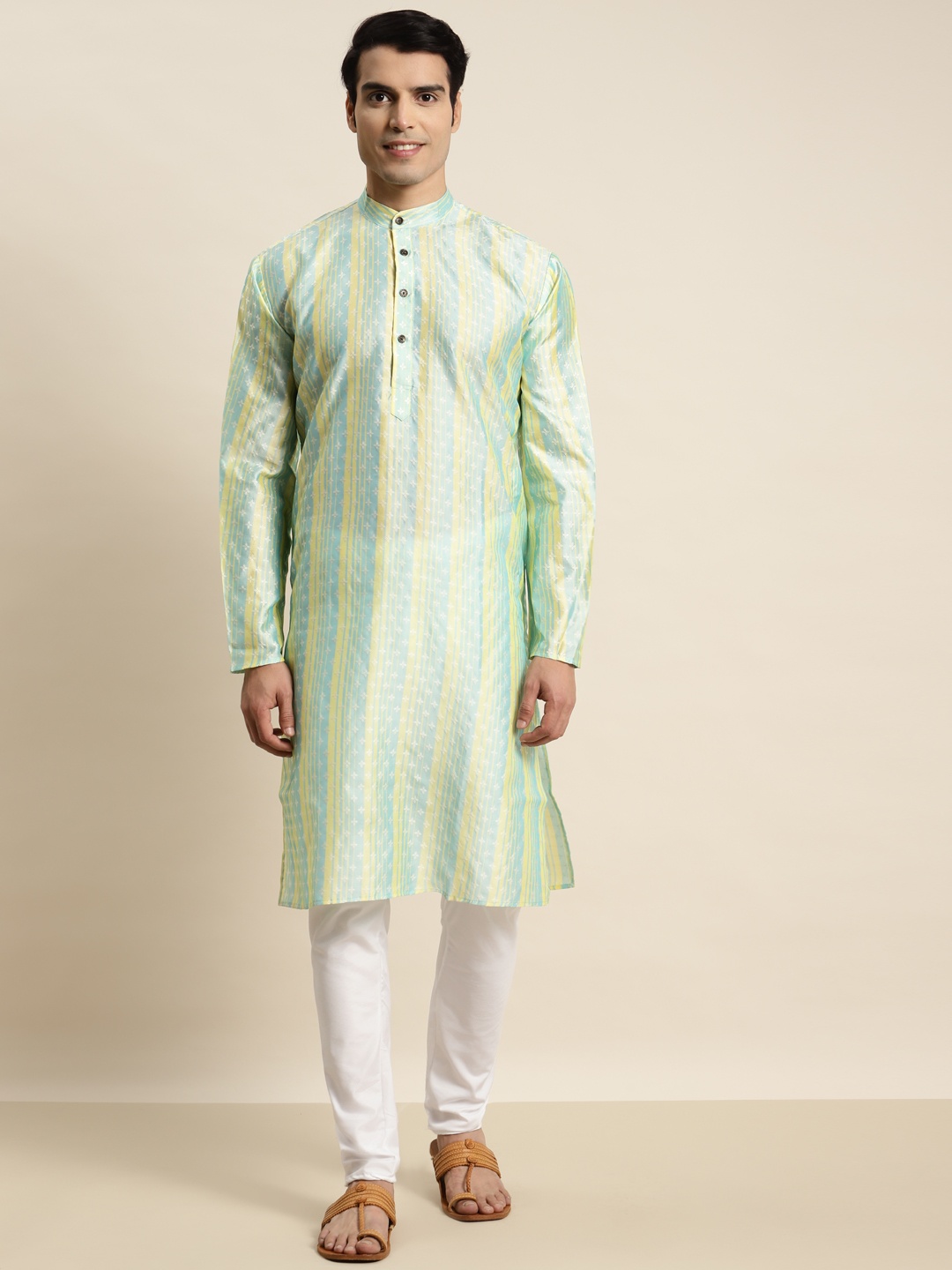 

SOJANYA Men Ethnic Motifs Striped Jacquard Straight Kurta, Green