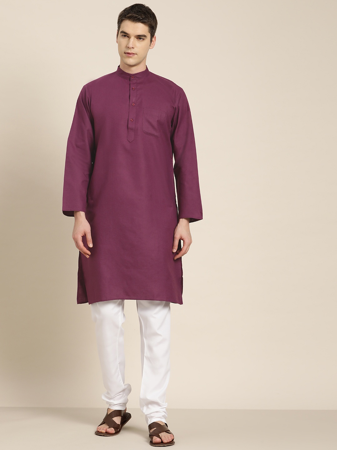 

SOJANYA Men Cotton Linen Solid Kurta, Purple