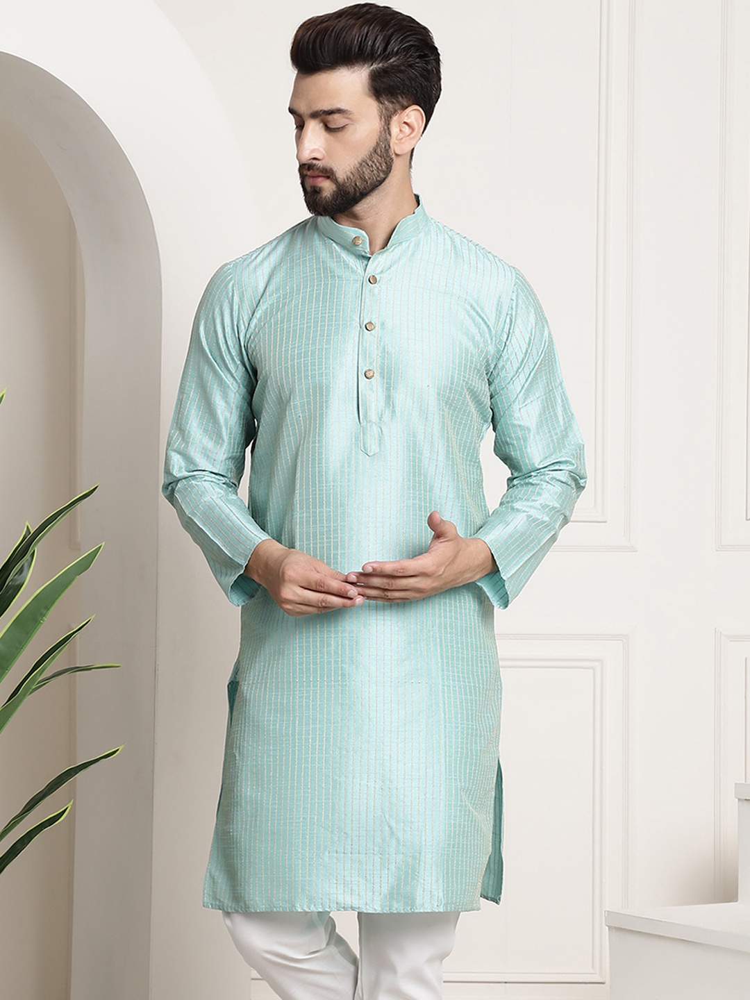 

SOJANYA Men Woven Design Jacquard Straight Kurta, Sea green
