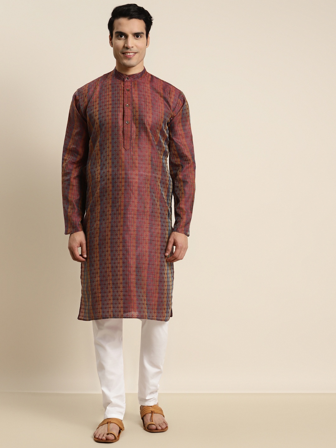 

SOJANYA Men Silk Blend Ethnic Motifs Woven Design Kurta, Rust