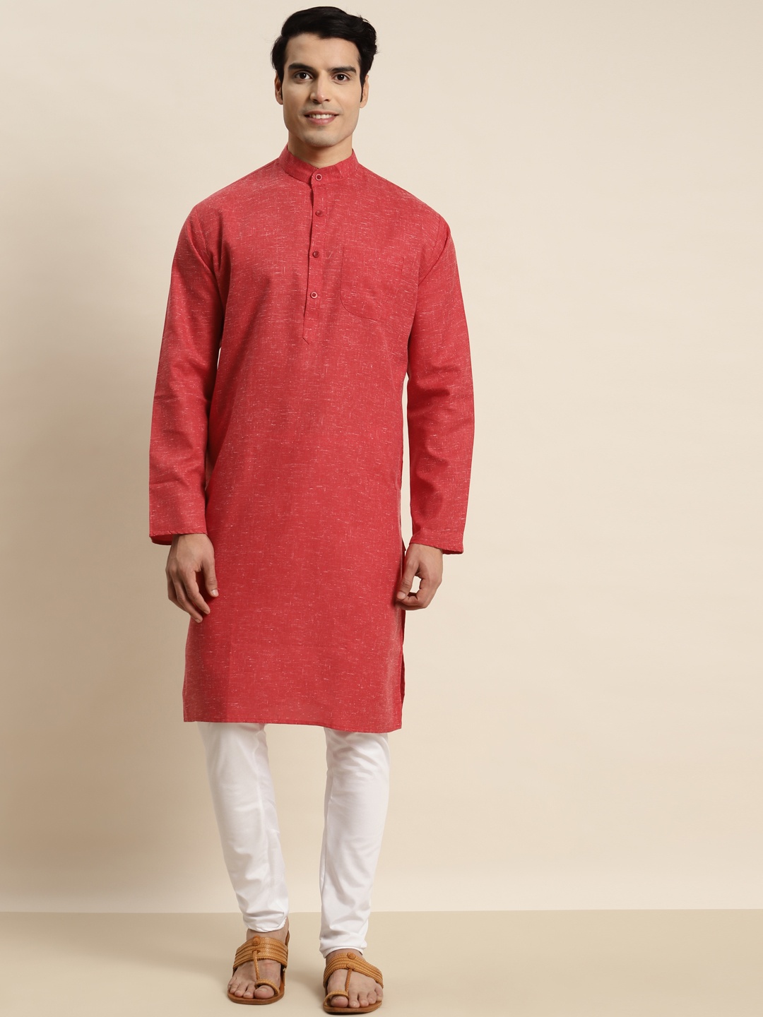 

SOJANYA Men Cotton Linen Solid Straight Kurta, Red