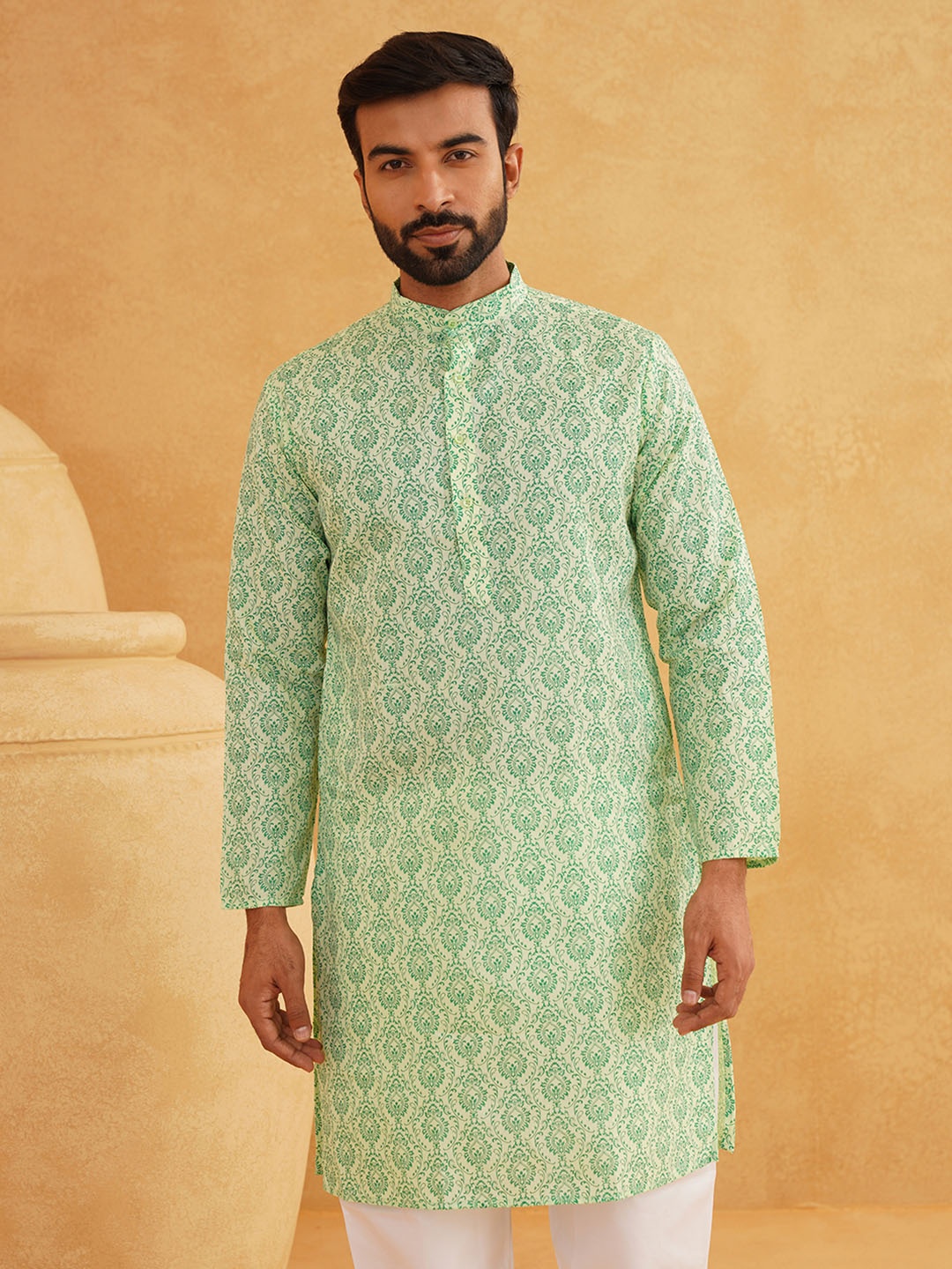 

SOJANYA Men Cotton Linen Ethnic Motifs Printed Straight Kurta, Green