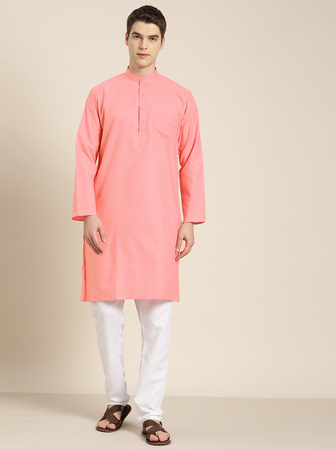 

SOJANYA Men Band Collar Cotton Linen Kurta, Pink
