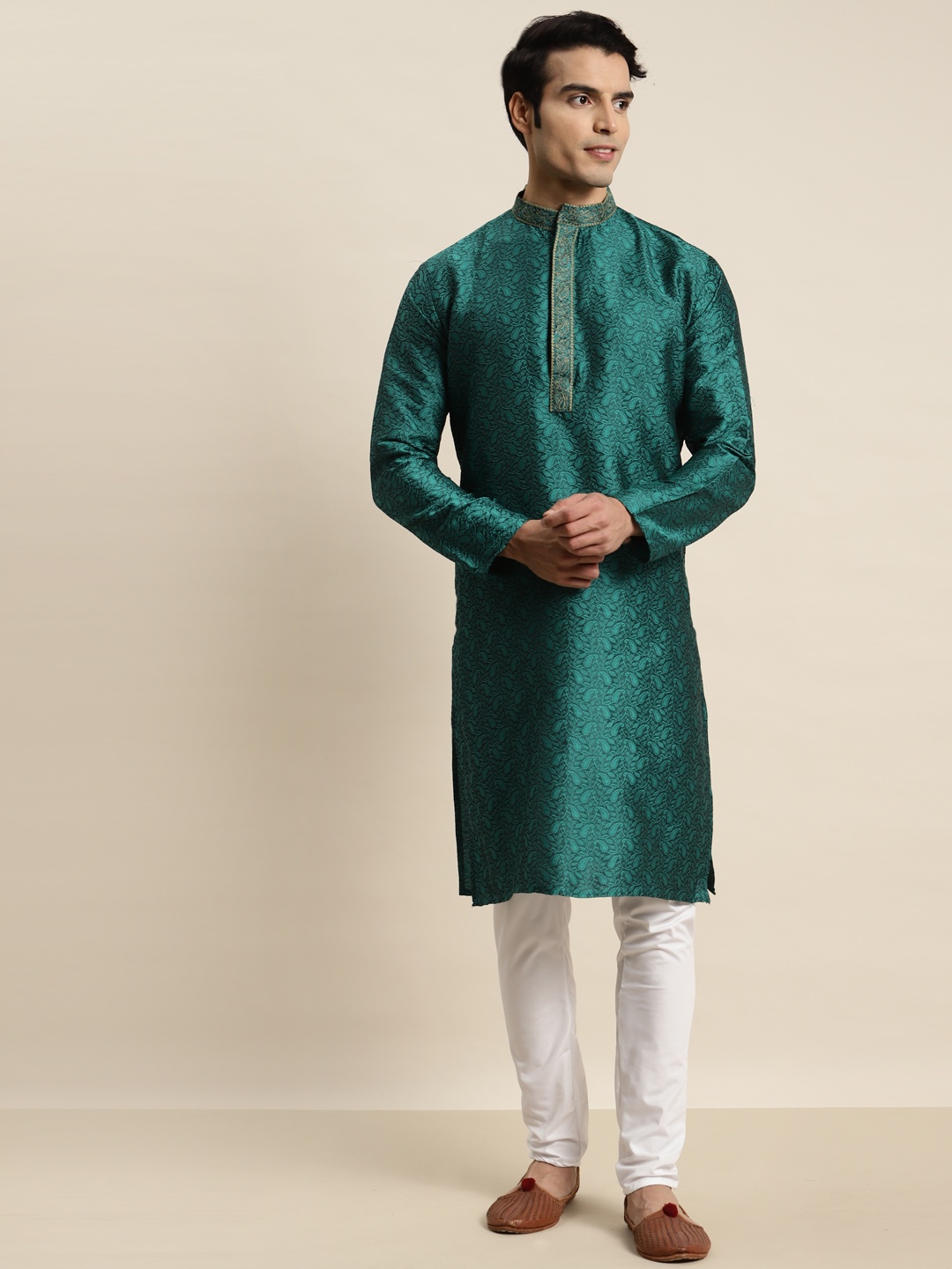 

SOJANYA Men Teal Ethnic Motifs Jacquard Kurta