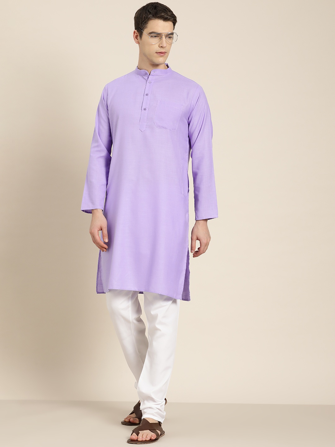 

SOJANYA Men Cotton Silk Solid Kurta, Lavender