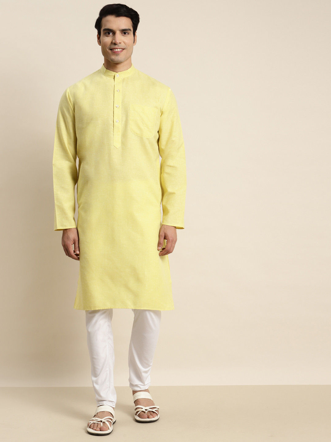 

SOJANYA Men Solid Cotton Linen Kurta, Lime green