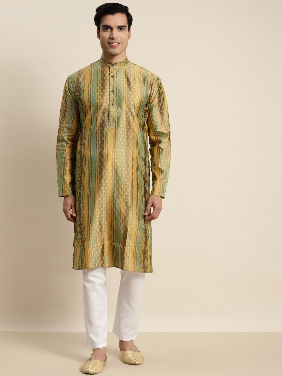 

SOJANYA Men Green & Brown Ethnic Motifs Printed Jacquard Kurta