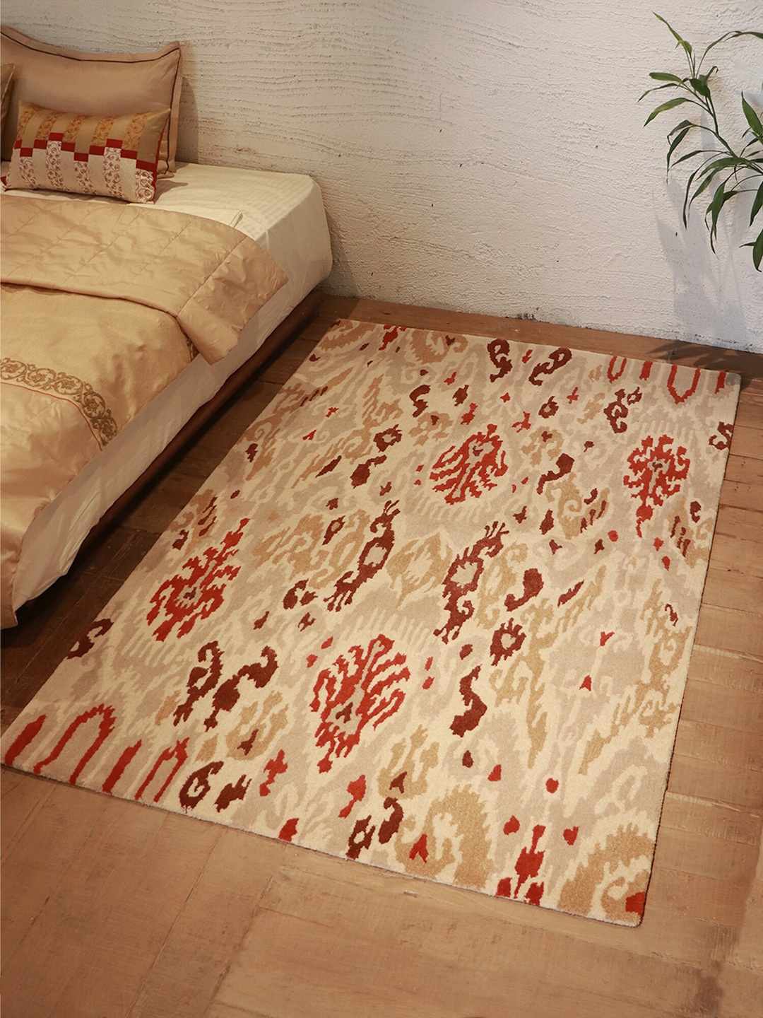 

ZEBA Beige & Marron Abstract Printed Hand-Tufted Wool Anti-Skid Carpet