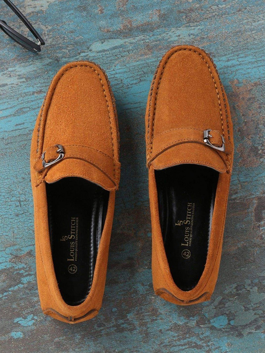 

LOUIS STITCH Men Russet Tan Italian Suede Leather Driving Loafers