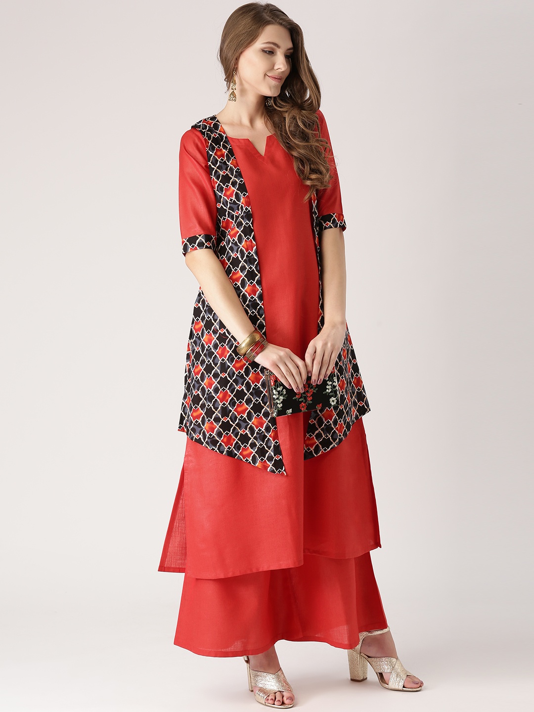 

Libas Women Red Solid Kurta with Palazzos & Printed Ethnic Jacket