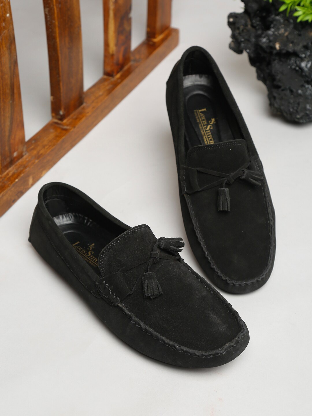 

LOUIS STITCH Men Black Suede Driving Loafers With Tassels