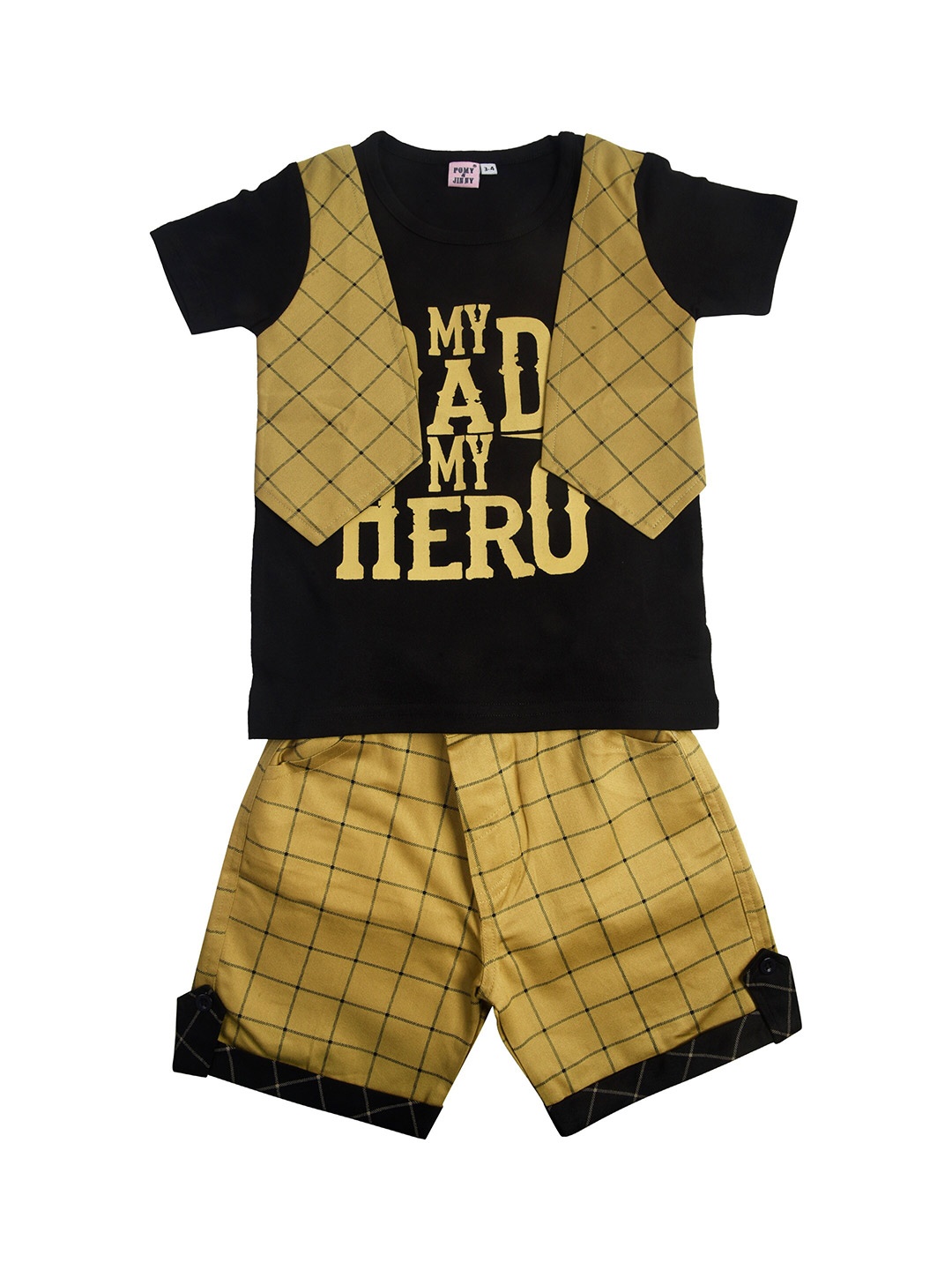 

POMY & JINNY Boys Black & Mustard Printed T-shirt with Shorts