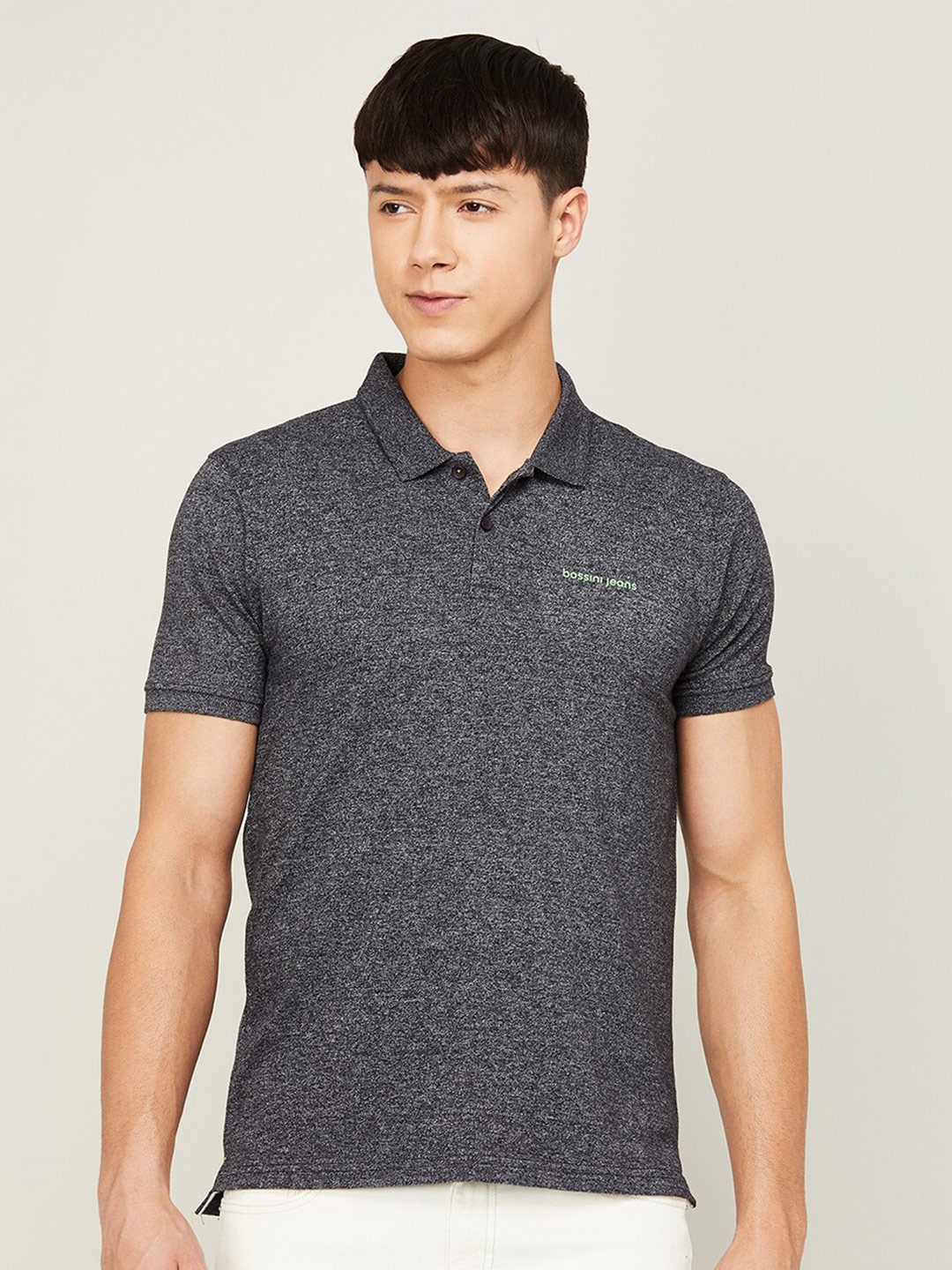 

Bossini Men Grey Melange Polo Collar Cotton T-shirt