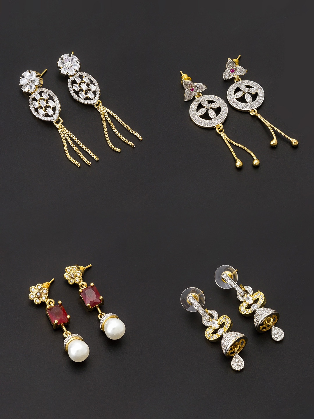 

aadita Women Pack Of 4 White & Maroon Contemporary Gold Plated Drop Earrings