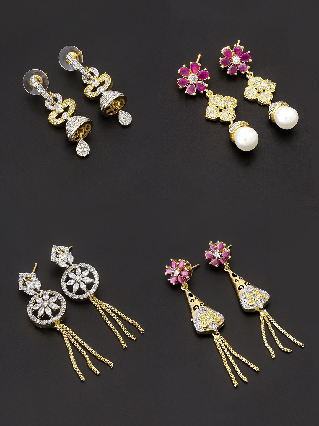 

aadita Set Of 4 White & Pink Gold-Plated Contemporary Drop Earrings