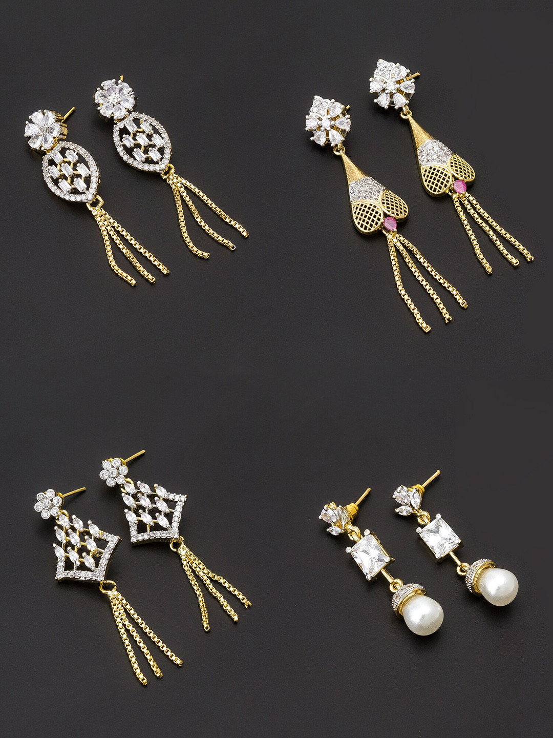 

aadita Women Pack Of 4 White & Pink Contemporary Gold Plated Drop Earrings