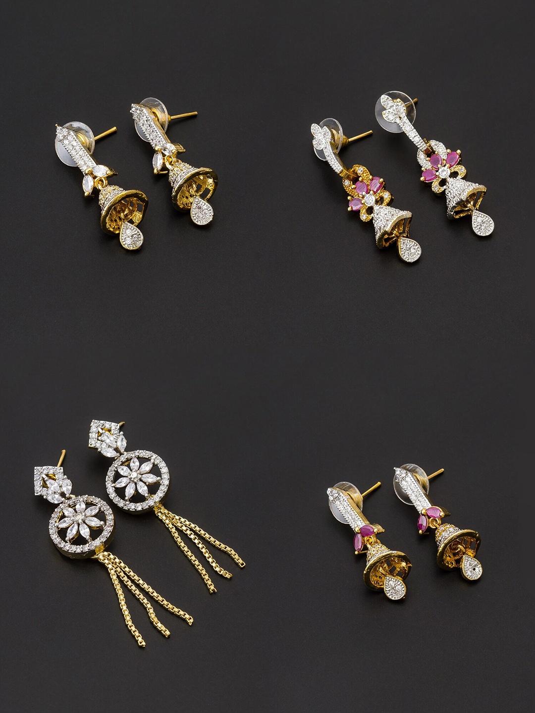 

aadita Women Pack Of 4 White & Pink Contemporary Gold Plated Drop Earrings