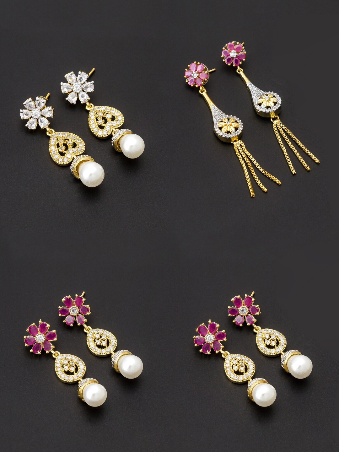 

aadita Women Pack Of 4 White & Gold-Toned Contemporary Drop Earrings