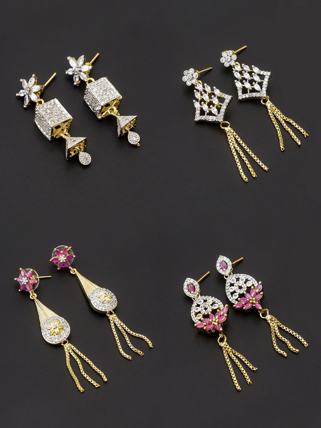 

aadita Women Pack Of 4 White & Pink Contemporary Gold Plated Drop Earrings