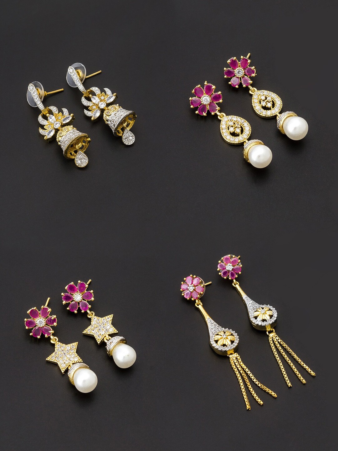 

aadita Women Pack Of 4 White & Pink Contemporary Drop Earrings